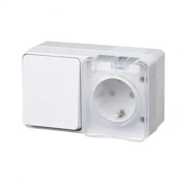 AtlasDesign Profi54 БЛОК: розетка с заземлением со шторками 16А 250B, выключатель одноклавишный IP54 10А, БЕЛЫЙ, Россия