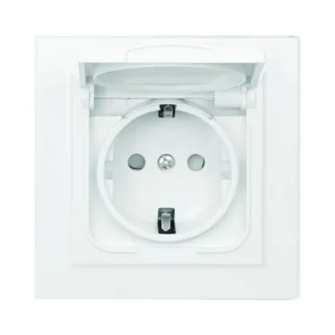 Розетка Минск 1-местная СП с заземлением и крышкой16А белая защитные шторки IP44