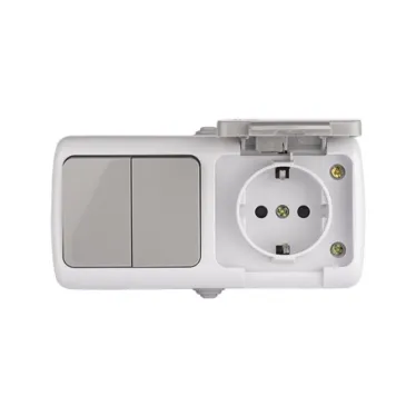 Блок розетка Мурманск 1-м 16А с заземлением с крышкой + двухклавишный выключатель IP54 серый