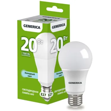 Лампа светодиодная A60 груша 20Вт 230В 6500К E27 GENERICA