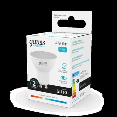 Лампа светодиодная LED 5.5 Вт 450 лм 4100К софит MR16 нейтральный GU10 AC 220В Elementary Gauss