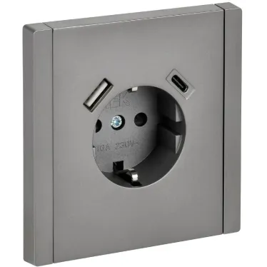 FORTE@PIANO Розетка 1-местная с заземлением с защитными шторками винтовое крепление 16А USB A+C 18Вт FP547 сталь IEK