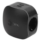 Тройник 3гнезда 220V + 2xUSB 2100mA , c заземлением, со шторками (черный) SP-3e-USB-BLACK