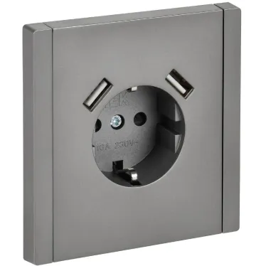 FORTE@PIANO Розетка 1-местная с заземлением с защитными шторками винтовое крепление 16А USB A+A 3,1А FP545 сталь IEK