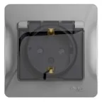 GLOSSA Розетка с заземлением со шторками с крышкой алюминий в сборе IP44