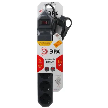 Фильтр сетевой 5х1,5м 2хUSB 10А с/з с выключателем черный