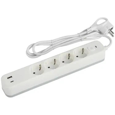 Сетевой фильтр USF-4es-3m-2xUSBAC-W с базовой защитой с заземлением с выключателем 4 розетки+2xUSBA+C 2,4A 3м 10А