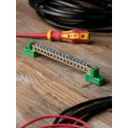 Шина 0 PE 6x9мм 16 отверстий латунь с контактной пластиной 2 зелёных угловых изолятора PROxima