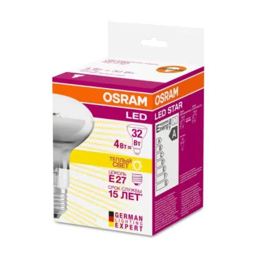 Лампа светодиодная LED 4Вт Е27 STAR R80 (замена 32Вт), теплый белый свет Osram