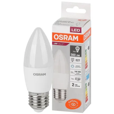 Лампа светодиодная LED 7 Вт E27 6500К 560Лм свеча 220 В (замена 60Вт) OSRAM