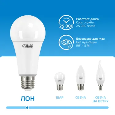 Лампа светодиодная LED 25 Вт 2150 лм 6500К А70 груша холодный E27 AC 220В Elementary Gauss