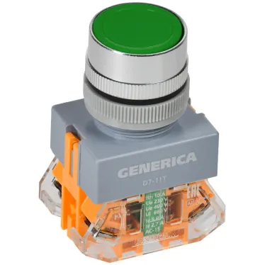 Кнопка D7-11T d-22мм 1з+1р с фикс. зеленая GENERICA