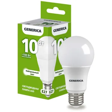 Лампа светодиодная A60 груша 10Вт 230В 4000К E27 GENERICA