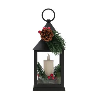 Декоративный фонарь со свечкой и шишкой, черный корпус, размер 10,7x10,7x23,5 см, цвет теплый белый | 513-047 | NEON-NIGHT