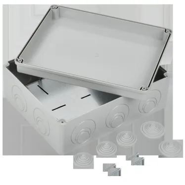 Коробка КМ41342 распаячная для открытой проводки 240х195х90мм IP55 (RAL7035 монтажная плата кабельные вводы 5 шт)