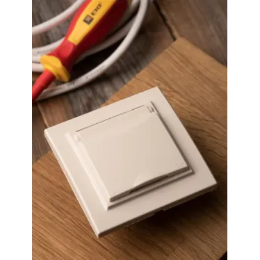 Розетка Минск 1-местная СП с заземлением с крышкой 16А бежевая с защитными шторками IP44