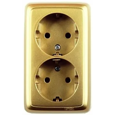Розетка двойная наружная с заземлением с изоляционной пластиной золото