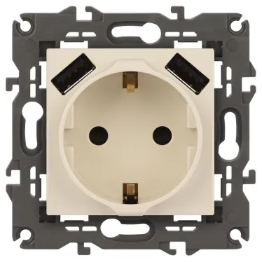 Розетка 2P+E 16A-250В, штор. с 2xUSB 5В-3А, Эра Elegance, слоновая кость 14-4109-02