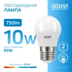 Лампа светодиодная Elementary Шар 10W 750lm 6500K Е27 LED 1/10/100 | 53230 | Gauss