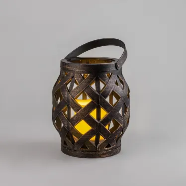 Декоративный фонарь со свечкой, плетеный корпус, бронза, размер 14х14х16,5 см, цвет теплый белый | 513-055 | NEON-NIGHT