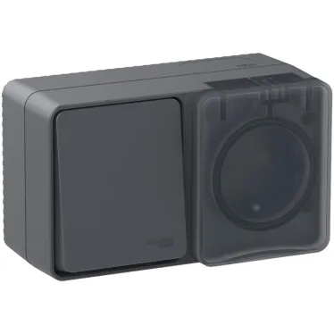 AtlasDesign Profi54 БЛОК:розетка с заземлением со шторками 16А 250B, выключатель одноклавишный IP54 10А, АНТРАЦИТ, Россия