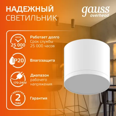 Светильник светодиодный декоративный бытовой с рассеивателем HD025 10W (белый) 3000K 88х75мм | HD025 | Gauss