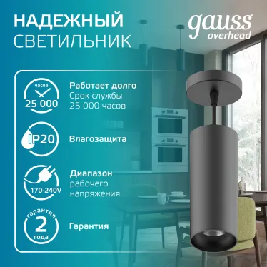 Светильник светодиодный накладной/подвесной HD034 12W (черный/черный) 4100K 79*200мм 1/10 | HD034 | Gauss