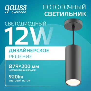 Светильник светодиодный накладной/подвесной HD035 12W (черный/золото) 4100K 79*200мм 1/10 | HD035 | Gauss