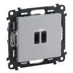 Valena LIFE.Зарядное устройство с двумя USB-разьемами тип С-тип С 240В/5В 3000мА.С лицевой панелью.Цвет Алюминий