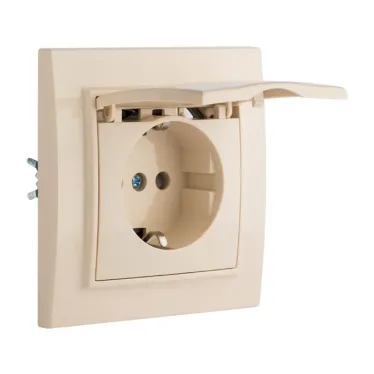 Розетка одноместная СП с заземлением Минск с крышкой 16А бежевая с защитными шторками
