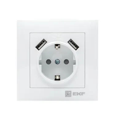 Валенсия розетка 1-местная с/з 16А белая с защ. штор. с 2 USB 2,1А