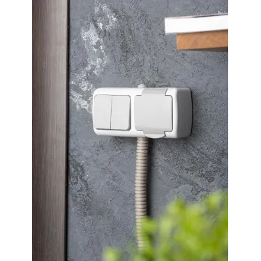 Блок розетка Мурманск 1-м 16А с заземлением с крышкой + двухклавишный выключатель IP54 серый