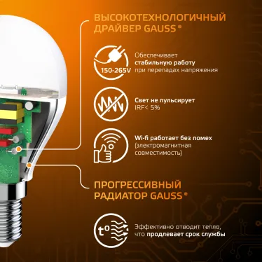 Лампа светодиодная LED 6,5Вт E14 220В 2700К шар | 105101107 | Gauss