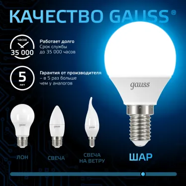 Лампа светодиодная Шар 9.5W 950lm 6500K E14 LED 1/10/100 | 105101310 | Gauss