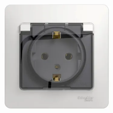 GLOSSA Розетка с заземлением со шторками с крышкой белая в сборе IP20