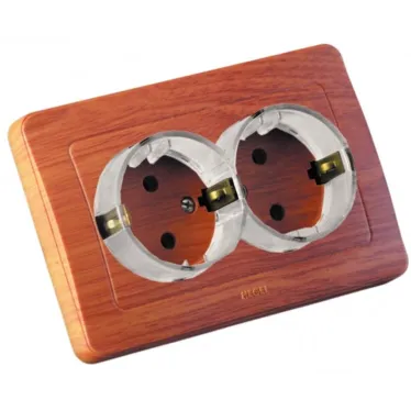 Розетка двойная скрытая с заземлением со шторками (стакан) дуб
