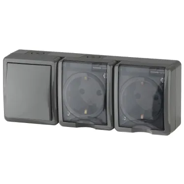 Блок две розетки+выключатель IP54, 16A(10AX)-250В, ОУ, Эра Эксперт, серый, 11-7403-03