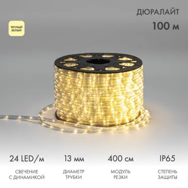 Дюралайт LED, свечение с динамикой 3W - тёплый белый, 24 LED/м, 100 м
