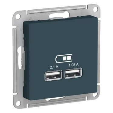 Розетка ATLASDESIGN USB 5В 1 порт x 2,1 А 2 порта х 1,05 А механизм изумруд