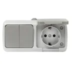 Блок розетка Мурманск 1-м 16А с заземлением с крышкой + двухклавишный выключатель IP54 серый