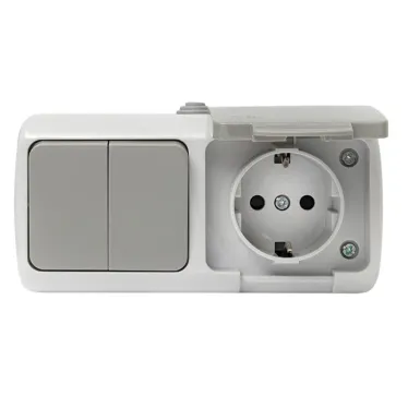 Блок розетка Мурманск 1-м 16А с заземлением с крышкой + двухклавишный выключатель IP54 серый