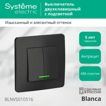 BLANCA скрытой установки двухклавишный выключатель (cх.5) с подсв., 10A, 250B, антрацит
