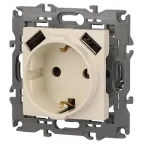 Розетка 2P+E 16A-250В, штор. с 2xUSB 5В-3А, Эра Elegance, слоновая кость 14-4109-02