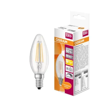 Лампа светодиодная LED 5Вт E14 CLB60D тепло-бел, Filament диммируемая,прозр.свеча OSRAM