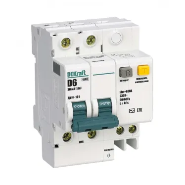 Выключатель автоматический дифференциальный АВДТ встроенная защита от сверхтоков 2Р 6А 30мА AC D ДИФ-101