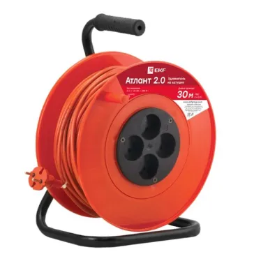 Удлинитель на катушке Атлант 2.0 4 гнезда 30м без заземления ПВС 2x0.75 6А/1.3кВт PROxima