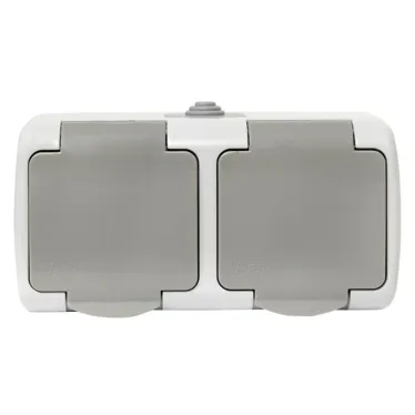 Розетка 2-местная Мурманск 16А с заземлением с крышкой IP54 серый с защитными шторками