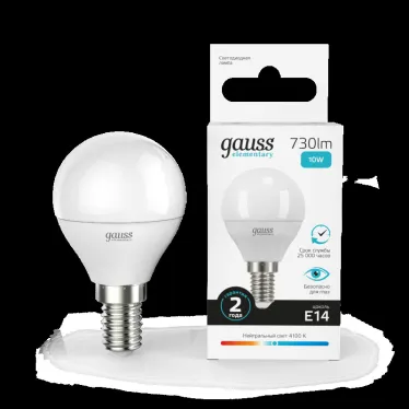 Лампа светодиодная LED 10 Вт 730 лм 4100К шар P45 нейтральный E14 AC 220В Elementary Gauss