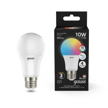 Лампа светодиодная A60 10W E27 RGBW+димирование LED 1/50 | 102102410 | Gauss