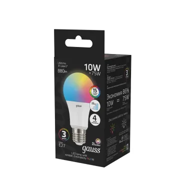 Лампа светодиодная A60 10W E27 RGBW+димирование LED 1/50 | 102102410 | Gauss